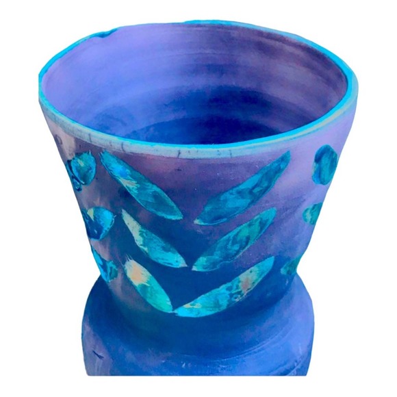 Raku Pottery Vase with Green Leaves on dark charcoal gray - Picture 5 of 8